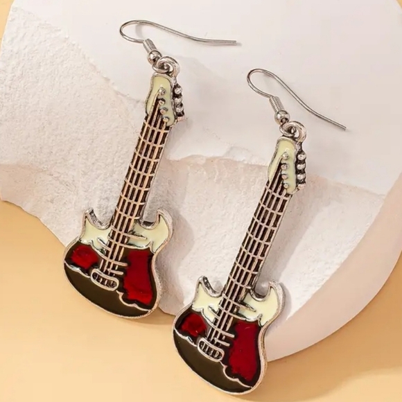 GUITAR EARRINGS dangle metal in black, white, maroon NWT - Picture 1 of 3